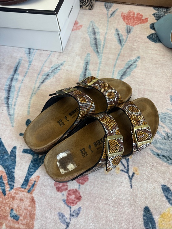 Birkenstock Shoes - Birkenstock Arizona Snake-Print Double Strap Sandals in Brown and Gold
